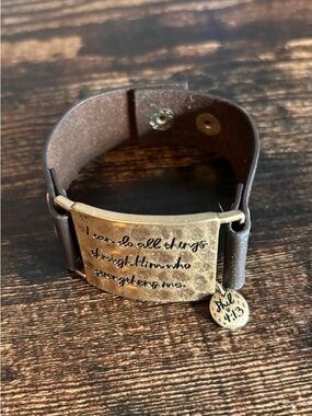 Inspirational Leather Cuff Bracelet with Brass Plate